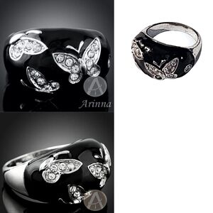 Arinna Black and Silver Butterfly Ring Cubic Zarconia Stones Size 7